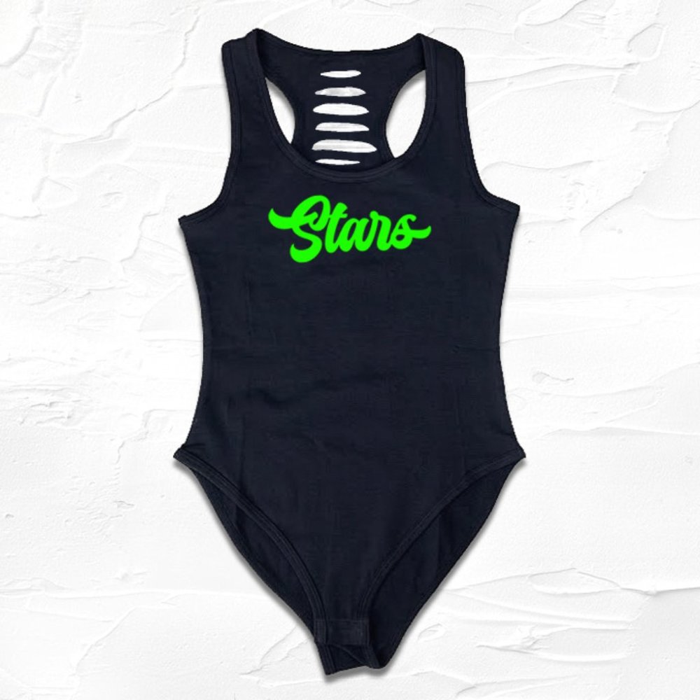 Black Electric Green Stars Team Bodysuit, Stars Outfit/Shirt